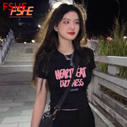 FSHE短款上衣t恤夏季2025新款設計感小眾露臍辣妹短袖女bm風圓領體恤 (HEARTB/甜辣黑)優(yōu)質(zhì)款 M _85-105斤