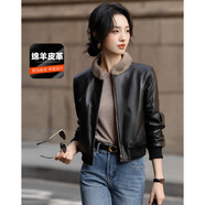 德瑪納綿羊皮羽絨冬季水貂小立領綿羊皮夾克90鴨絨女式羽絨服 黑色 M 