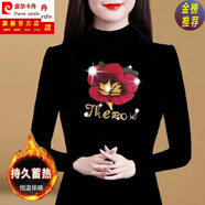 皮爾卡丹（pierre cardin）螺紋德絨加厚半高領燙鉆打底衫2025彈性長袖t恤女中年小衫潮 0077半高領黑色大花 L碼建議100斤內