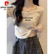 皮爾卡丹（pierre cardin）長(cháng)袖t恤女士正肩加絨打底衫不規則短款內搭上衣秋冬2026新款修身 黑TOT字-杏色【春秋款】 XL 110-120斤
