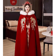 麥斯貝思冬季禮服毛披肩加厚秀禾服披風(fēng)中國風(fēng)加絨結婚新娘斗篷紅色長(cháng)款 紅色