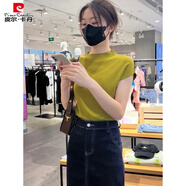 皮爾卡丹（pierre cardin）半高領(lǐng)針織衫短袖T恤2025春夏新款修身顯瘦薄款打底衫內(nèi)搭上衣 芥末黃 M