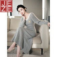 JEZE超好看灰色加厚毛衣長(cháng)袖連衣裙女2025冬季法式內搭打底針織長(cháng)裙子 灰色連衣裙【z】 M