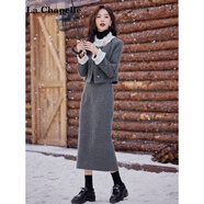 拉夏貝爾（La Chapelle）小香風(fēng)毛呢套裝女2024秋冬季新款時(shí)尚氣質(zhì)穿搭一整套半身裙兩件套 灰色 M -95-105斤