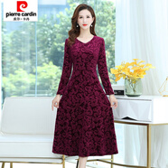 皮爾卡丹（pierre cardin）中連衣裙中老新款壓花春秋金絲絨氣質中長款長袖過膝媽媽裙子 紅色 XL