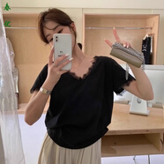 芭瑾圖V領(lǐng)拼接蕾絲花邊T恤女夏季新款韓系純色內(nèi)搭寬松氣質(zhì)睫毛辣妹上衣 黑色【高質(zhì)量】 L
