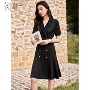 初申夏季短袖連衣裙女干練西裝領(lǐng)經(jīng)典通勤氣質(zhì)小黑裙S52Q013 黑  XL