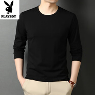 花花公子純棉長(cháng)袖T恤男士春秋季新款中青年圓領(lǐng)休閑打底衫純色百搭上衣 黑色【長(cháng)袖】 2XL
