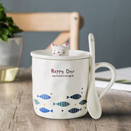 瓷魂陶瓷馬克杯子咖啡杯 可愛小貓幻想魚帶蓋勺水杯380ML 一群魚