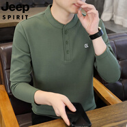 JEEP SPIRIT吉普立領長袖t恤男士春季內搭打底衫男款春秋內搭衛衣薄款上衣服 9328綠色 常規 M 約95-105斤