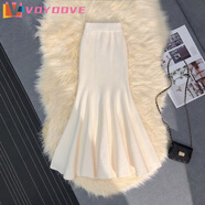 VOYDOVE白色魚尾針織半身裙女春秋款包臀步步生蓮半裙止步毛呢長裙小個(gè)子 奶杏色【z】 M 【80-100斤】