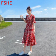 FSHE紅色碎花雪紡連衣裙女2025年夏季新款韓版氣質(zhì)中長(cháng)款a字沙灘裙子 紅色碎花裙 2XL 建議140-160斤