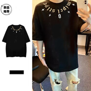 文頗100%純棉小眾設計潮流美式領(lǐng)口哥特國潮男女夏季新款寬松短袖半袖220克-黑M 建議95-110斤