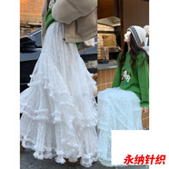萱圖婭蕾絲木耳邊半身裙女2024年新款秋冬高腰a字蓬蓬裙長(zhǎng)裙子 白色半身裙 均碼