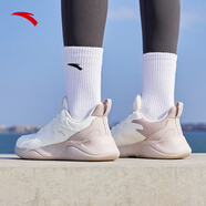 安踏女鞋運動鞋女冬季防潑水軟彈媽媽鞋減震健步鞋黑色休閑跑步鞋 【皮革面防潑水】象牙白/藕灰-2 36