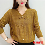 風(fēng)曉薇洋氣百搭V領(lǐng)長(cháng)袖針織衫女春秋新款時(shí)尚寬松顯瘦中年媽媽上衣 姜黃色 2XL 建議133-145斤