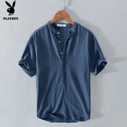 花花公子（PLAYBOY）棉麻T(mén)恤男士夏季復古亞麻短袖體恤白色POLO衫立領(lǐng)苧麻襯衫潮 寶藍210 2XL 155-170斤