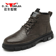 公牛世家（G.N.Shi Jia）馬丁靴復(fù)古男士工裝靴2024新款冬季加絨真皮英倫休閑鞋男 棕色 40
