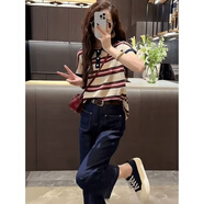 哈夫朵大碼女裝套裝女夏季微胖女孩穿搭顯瘦遮肚子減齡短袖t恤女上衣 3094條紋上衣+牛仔褲 3XL 建議【145-160斤】