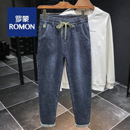 羅蒙（ROMON）春季男士松緊腰牛仔褲2025秋冬新款加厚彈力哈倫褲抽繩簡約休閑褲 DSBK#H2303牛仔褲 藍(lán)色【主圖款 28