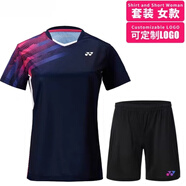 新款羽毛球服套裝短袖上衣男女速干透氣比賽運動服團購定制球衣服 深藍套裝-女款 3XL