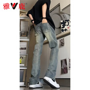 雅鹿牛仔褲男夏季長褲潮流韓版休閑時尚男裝男士直筒束腳九分寬松褲子 8072復(fù)古藍色 L （推薦110-130斤）