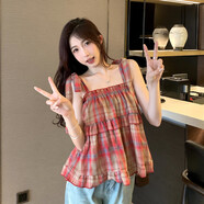 凌卡戚姐妹閨蜜裝紅色格子吊帶連衣裙子女裝2025新款森系小清新長(cháng)裙 格子上衣 L 建議115-125斤