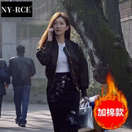 NY-RCE棒球服飛行員夾克外套女寬松2025秋季新款韓國短款加棉工裝冬季 黑色東家加棉款 加厚 2XL 129-140斤