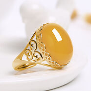 胖東來(lái)同款紅寶石戒指鍍沙金色古法女士款祖母綠瑪瑙蜜蠟玉髓民族 蜜蠟戒指