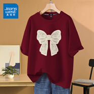 真維斯（JEANSWEST）時(shí)尚短袖t恤女學(xué)生可愛(ài)甜美學(xué)院女裝ins風(fēng)夏季新款純棉寬松上衣服 酒紅 蕾絲蝴蝶結(jié) L
