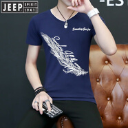 JEEP SPIRIT吉普t恤男夏季v領(lǐng)短袖純棉韓版修身潮流百搭冰絲潮牌男裝上衣體恤 藏青-羽毛 M 80-100斤