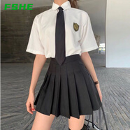 FSHE兩件套學(xué)院風百褶裙套裝女夏寬松襯衫女學(xué)生韓版制服 白色短袖襯衫+黑色百褶裙+領(lǐng)帶 M _90-100斤