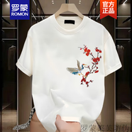 羅蒙（ROMON）夏季國(guó)潮純棉體恤男裝情侶潮流半袖衣服潮牌梅花印花短袖t恤新品 白色【前左大圖K3012 紅梅仙鶴】 S 建議90-100斤