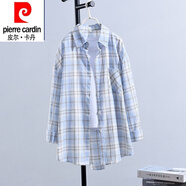 皮爾卡丹（pierre cardin）中長款襯衣女夏季薄款23新款韓版長袖寬松薄款港風(fēng)格子防曬外套 307藍色 M 105-120斤