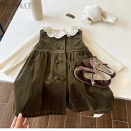 SKONWAT韓國童裝女童燈芯絨背心裙秋冬季新款中小童洋氣雙排扣連衣裙 兩件套 90