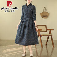 皮爾卡丹（pierre cardin）2025夏季新款復(fù)古印花娃娃領(lǐng)森系中長款長袖打底碎花棉麻連衣裙女 2024藏藍(lán)色2025 M 建議體重95-115斤