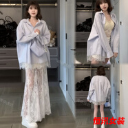 美梵朗2025早春穿搭一整套洋氣藍色襯衫拼接蕾絲+韓系蕾絲半身長(cháng)裙套裝 藍色拼蕾絲襯衫+蕾絲美背+蕾絲半 S