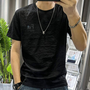 麥潮尚亞麻短袖T恤男新款夏季薄款高端體恤衫涼感棉麻半袖上衣潮 黑色 XL 130-145斤