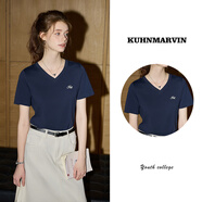 庫恩瑪維（KUHNMARVIN）百搭好看v領(lǐng)短袖t恤女2025年夏季新款寬松顯瘦基礎款上衣K37065 藏青 S