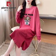 皮爾卡丹春秋新款純·棉長(zhǎng)袖t恤連衣裙女過(guò)膝胖m妹寬松遮肚顯瘦開(kāi)叉長(zhǎng)裙 989暗紅色（純·棉高品質(zhì)） XL 建議130到150斤穿
