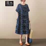 簡(jiǎn)當(dāng)（JIANDANG）大碼女裝夏季新款印花寬松短袖胖mm過(guò)膝中長(zhǎng)連衣裙復(fù)古氣質(zhì)女8195 藍(lán)色 均碼 【180斤以下】