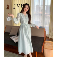 JVH香港潮牌度假碎花連衣裙女 2025春季新款法式V領(lǐng)收腰垂墜感長(zhǎng)裙子 藍(lán)綠色 M