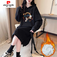 皮爾卡丹（pierre cardin）中長(cháng)款過(guò)膝長(cháng)袖連衣裙女秋季2025新款寬松慵懶風(fēng)開(kāi)叉連帽衛衣裙子 900-3-黑色(加絨加厚) L (建議110-130斤)