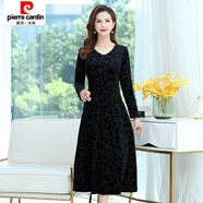 皮爾卡丹（pierre cardin）中連衣裙中老新款壓花春秋金絲絨氣質中長款長袖過膝媽媽裙子 黑色 XL