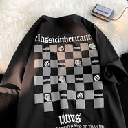 文頗100%純棉棋盤(pán)格短袖t恤女夏季寬松百搭半袖體恤潮牌情侶上衣ins 38-10-黑 XL