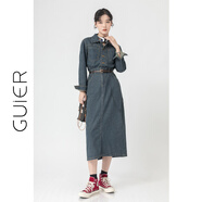 桂兒（guier）「冰氧Sirospun」拉伸比例塑身型 牛仔連衣裙女法式加絨裙子 藍(lán)色 (不加絨) M