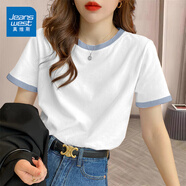 真維斯（JEANSWEST）t恤女夏季裝新款純棉短袖上衣服女裝寬松撞色休閑慵懶風正肩半袖 白湖藍 純色 L