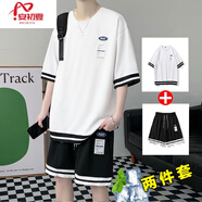 安初夏短袖t恤套裝男夏季薄款寬松學(xué)生休閑運動(dòng)服兩件套潮帥氣半袖短褲  TZ9056白色 2XL 【140-160斤】