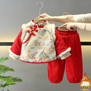 鸞雀翔一周歲女寶寶衣服加絨加厚拜年服兩件套紅色喜慶周歲禮服女童套裝 紅色花開(kāi)富貴女童過(guò)年服 100 碼建議身高90-100年齡2-3歲
