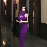 蝶霓斯夜店性感名媛胸前針織毛毛拼接掛脖連衣裙女氣質(zhì)御姐宴會禮服長裙 裙子帶毛領 M 95-105斤